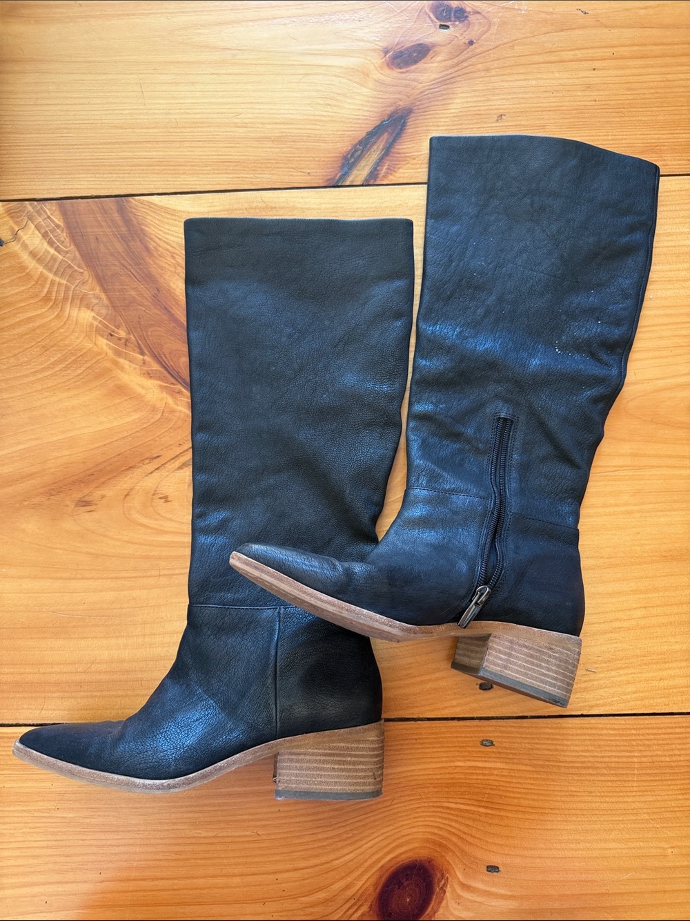 Vince Camuto Black Leather Mid-Calf Boots with Stacked Heel